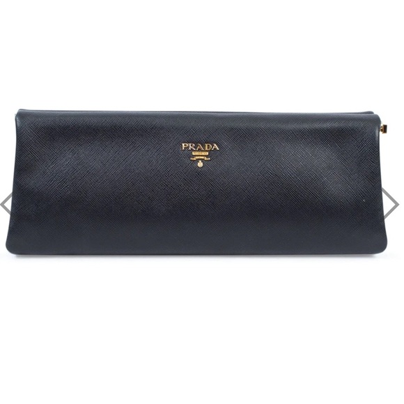 Prada Handbags - PRADA East West Frame Clutch in Black Saffiano and Gold Tone Hardware